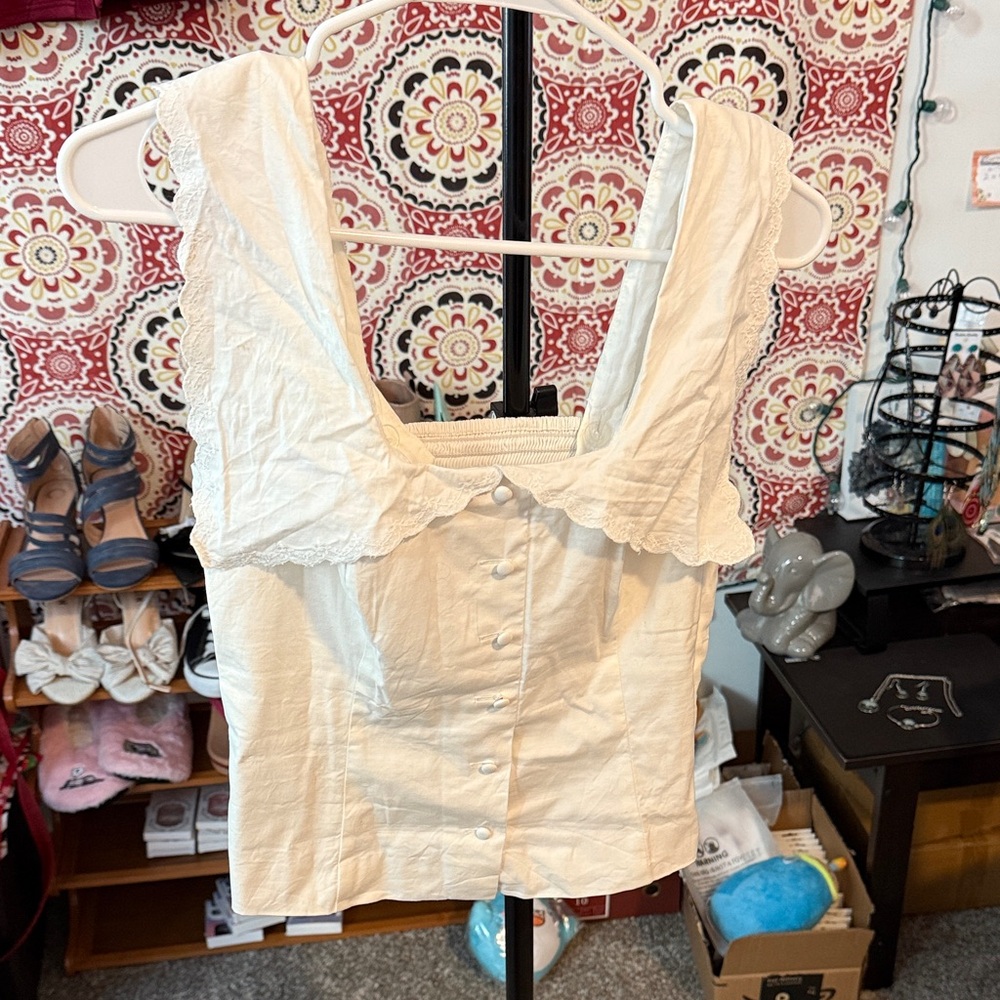 Reformation Cream Lace Button-Down Blouse